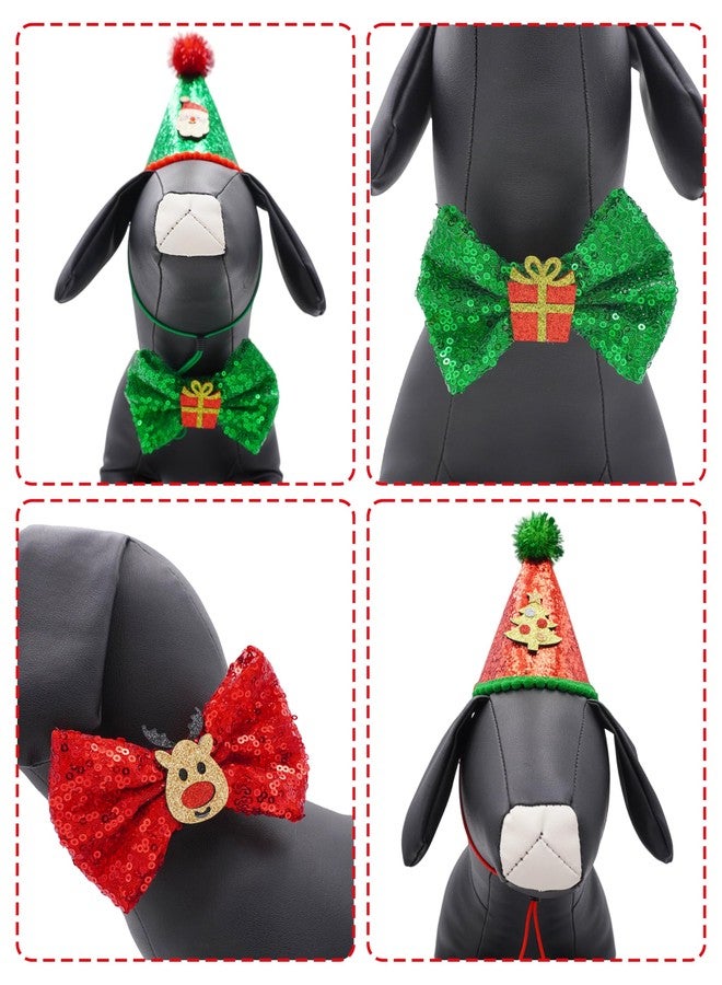 PET SHOW 4pcs Christmas Small Dogs Hats and Bowties Sets Red Green Holiday Cat Party Hat with Bow Ties Puppies Kittens Grooming Accessories Costumes (Christmas) - Image 4